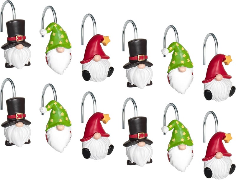 Sunlit Christmas Shower Curtain Hooks, Gnome Shower Curtain Rings, Hand Painted Resin Christmas Decor, Winter Bathroom Decoration, Black Green Red with Star, Set of 12 - Image 2